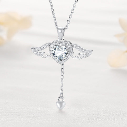 Sterling Silver Cupid Heart Birthstone Necklace With Angel Wings